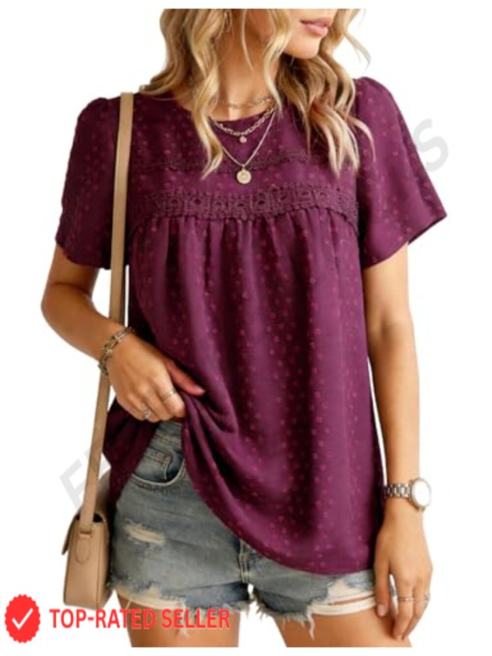 Boho Chiffon Blouse Lace Trim Swiss Dots Puff Sleeve Crewneck Top